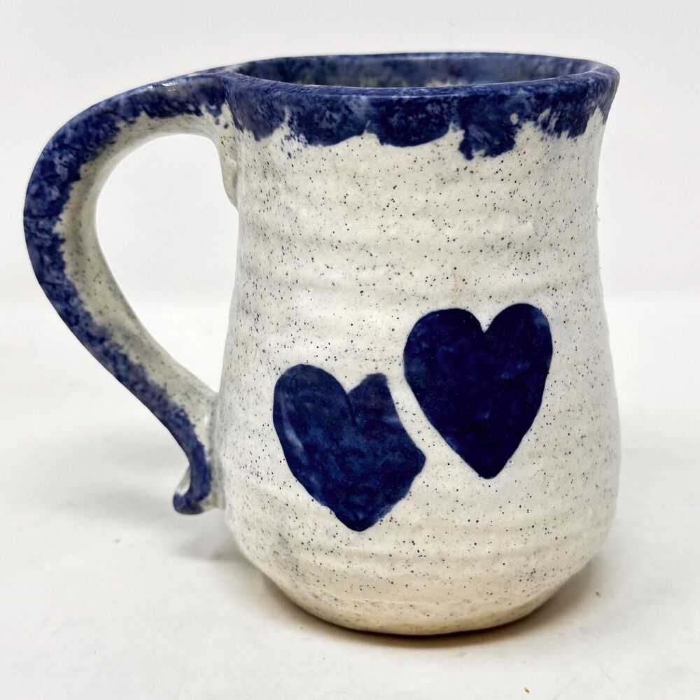 Vintage Salt Glazed Stoneware Pitcher Blue Heart Studio Pottery Mug Cottagecore